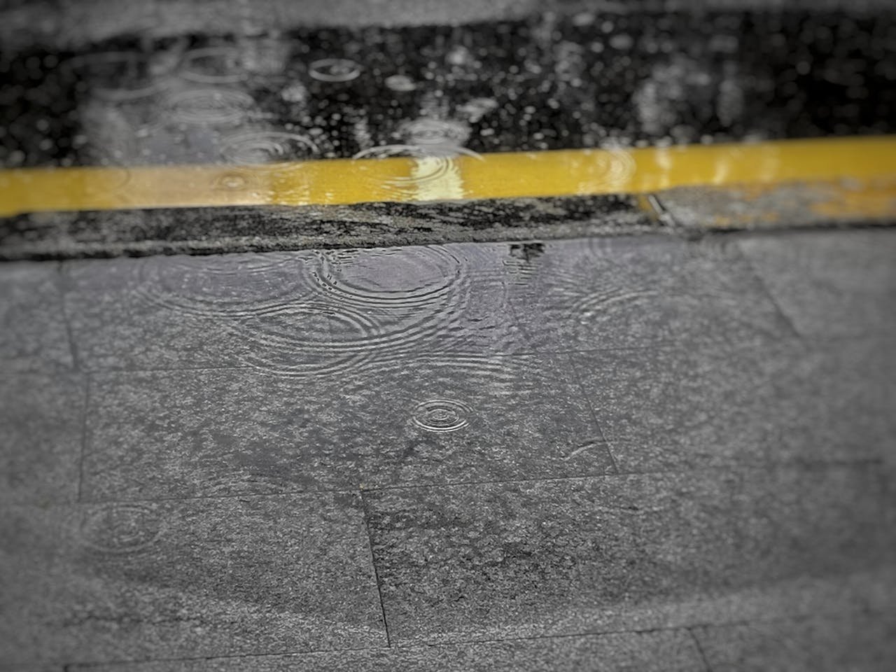 Raindrops creating ripples on a wet asphalt surface with a yellow street line, highlighting a rainy day mood.